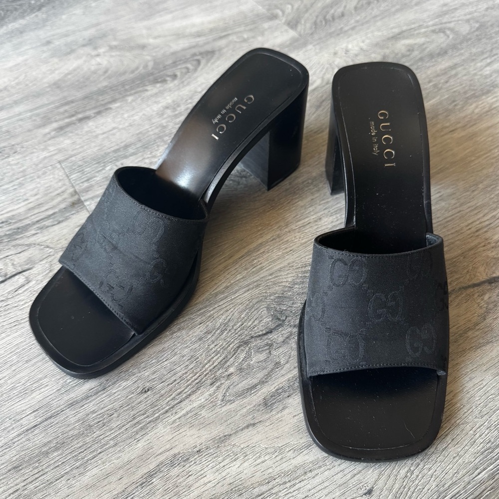 Gucci GG Monogram Block Heel Slides